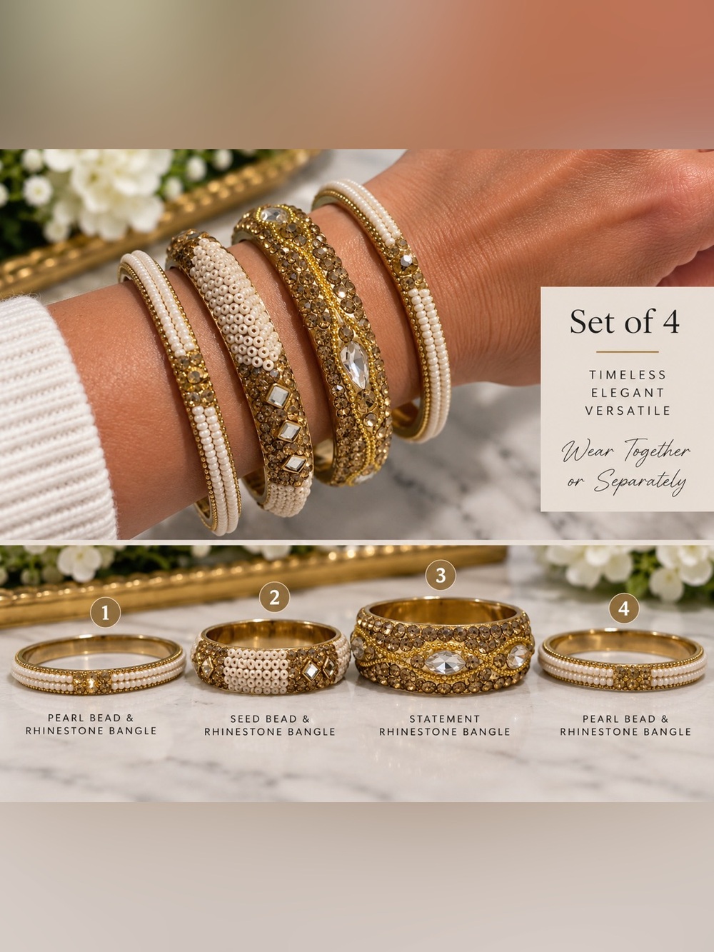 Set of 4 Gold Tone Pearl Beaded Rhinestone Crystal Bangle Bracelets